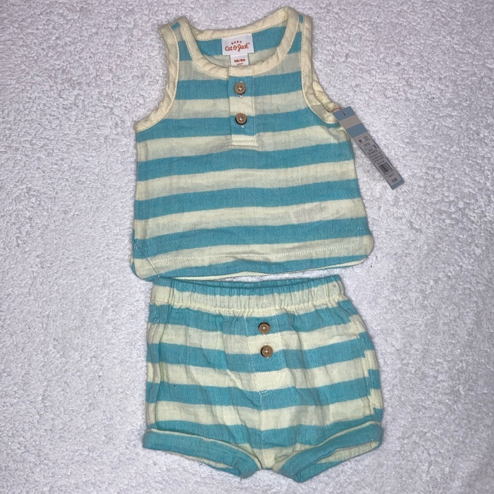 NWT Cat & jack muslin aqua cream striped tank short set nb and 6/9m